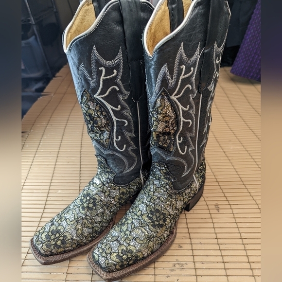 Tanner Mark women's sz 6B Black leather and lace Floral silver and gold Glitter - Picture 1 of 11